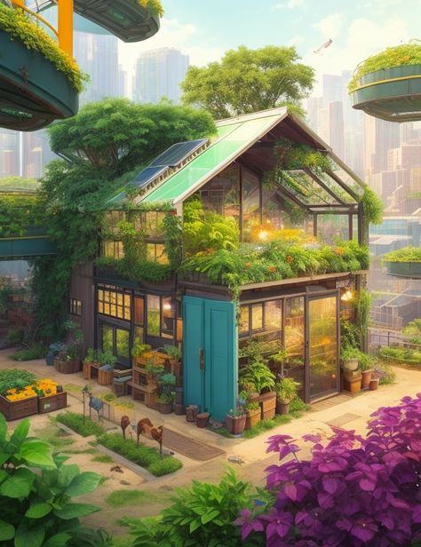 Solar Punk City Concept Art, Solar Punk Building, Solarpunk House Concept Art, Solar Punk Interior, Eco Cyberpunk, Solarpunk Cottagecore, Solarpunk Farm, Solarpunk Building, Solarpunk Concept Art