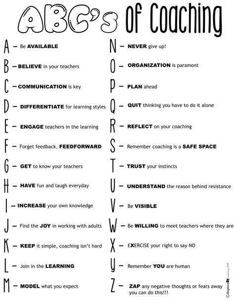 ABC's of Instructional Coaching. Great ideas to consider when coaching or thinking about becoming an Instructional Coach. Instructional Coach Interview, Coach Speech Ideas, Instructional Facilitator, Literacy Coaching Elementary, Instructional Coach Shirt, Instructional Coaching Menu Teachers, Coaching Strategies, Instructional Coach Planner, Academic Coach