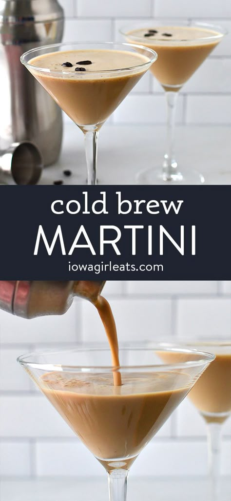 Calling all coffee cocktail lovers! A Cold Brew Martini is made without espresso and is a cinch to shake up. Beyond delicious! iowagirleats.com cold brew cocktail, cold brew cocktail drinks, new years eve drinks, easy cocktail recipe Cold Coffee Alcoholic Drinks, Cold Brew Cocktail Recipe, Espresso Martini Recipe Without Espresso, Cold Brew Alcohol Drinks, Easy Expresso Martinis, Cold Brew Coffee Cocktails, Espresso Martini Recipe With Cold Brew, Espresso Martini Cold Brew, Coffee Martini Espresso