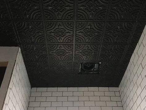 Tin Ceiling Bathroom, Ceiling Tiles Bathroom, Black Ceiling Tiles, Dark Ceiling, Faux Tin Ceiling, Faux Tin Ceiling Tiles, Decorative Ceiling Tile, Faux Tin, Ceiling Texture