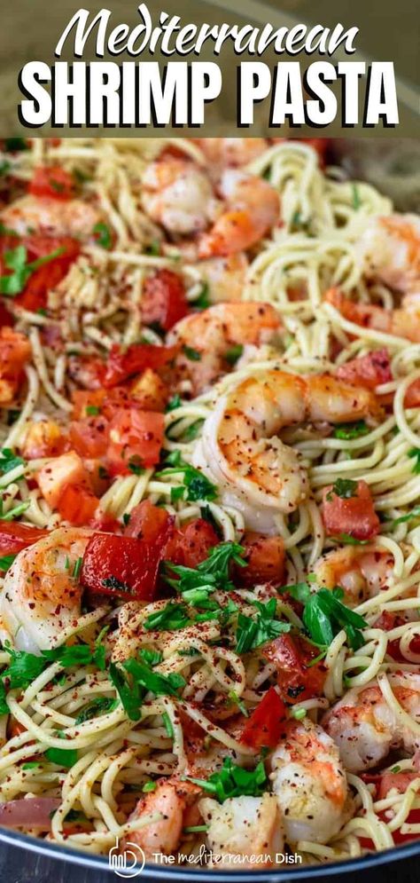 Mediterranean Shrimp Pasta, Garlic Shrimp Pasta Recipes, Mediterranean Shrimp, Shrimp Pasta Recipe, Pasta With Shrimp, Mediterranean Recipes Healthy, Mediterranean Diet Recipes Dinners, Garlic Shrimp Pasta, Mediterranean Pasta