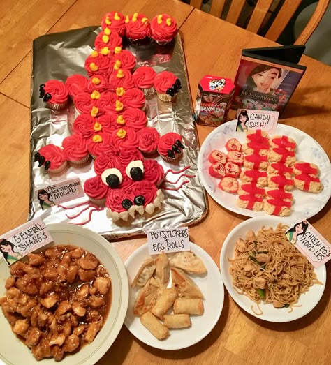 Movie Themed Potluck, Themed Movie Night Ideas Food, Family Movie Night Themed Food, Disney Movie Theme Meals, Mulan Recipes, Disney Appetizers, Mulan Food Recipes, Mulan Dinner Ideas, Mulan Inspired Food