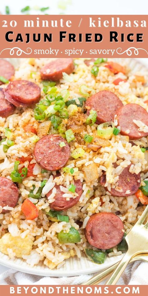 kielbasa cajun fried rice recipe Cajun Fried Rice, Sausage Fried Rice, Cajun Rice, Cajun Fries, Sausage Rice, Cajun Sausage, Fried Rice With Egg, Fried Sausage, Cheap Family Meals