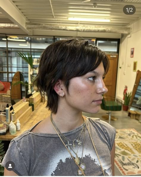 Queer Bob Hairstyle, Womens Mullet Hairstyles Short, Pixie Haircut Middle Part, Subtle Mullet Hairstyle Women, Queer Haircut Straight Hair, Queer Femme Hair, Straight Hair Pixie Cut, Straight Hair Pixie Haircut, Pixie Straight Hair