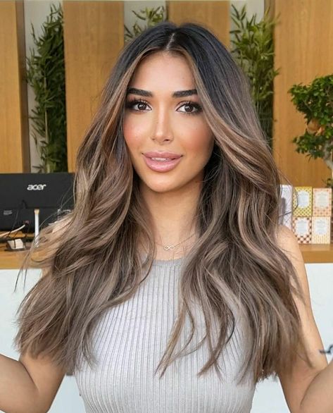 Cool Ashy Brown Hair Balayage, Dark Roots Light Brown Hair Balayage, Thick Money Piece Hair Brunette, Beige Highlights On Brown Hair, Balayage Front View, Sandy Brown Balayage, Carli Bybel Hair, Scandinavian Hairline Brunette, Sophia Richie Hair