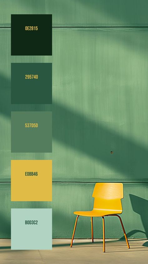 Colors:
0E2815 ° 295740 ° 537D5D ° E0BB46 ° B0D3C2 Soft Green Background, Green Branding, Yellow Palette, Soft Green Color, Color Design Inspiration, Hex Color Palette, Yellow Chair, Color Palette Yellow, Color Schemes Colour Palettes