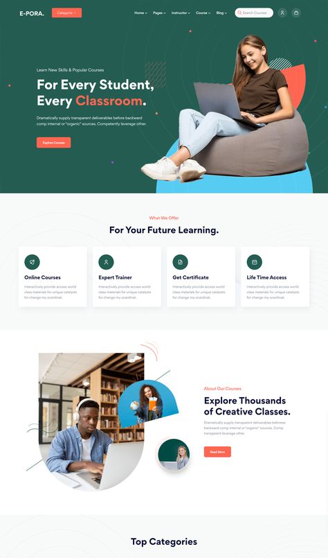 Online Courses & Education HTML5 Template Edtech Landing Page, Course Website Design Inspiration, Online Education Website Design, It Website Design Inspiration, Educational Websites Design, E Learning Website Design, Online Course Website Design, Online Courses Website, Education Website Design