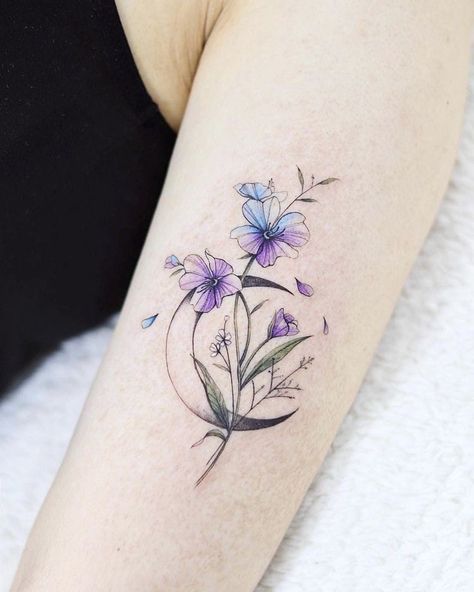 Primrose Tattoo, Violet Flower Tattoos, Fingerprint Tattoos, Violet Tattoo, Botanical Tattoos, Tiny Wrist Tattoos, Lavender Tattoo, Single Needle Tattoo, Flower Moon