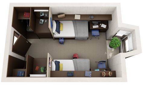 Small Apartment Floor Plans, Plan Studio, Dorm Room Layouts, College Bedroom Apartment, Small Bedroom Layout, Hostels Design, Dormitory Room, Hostel Room, Dorm Design