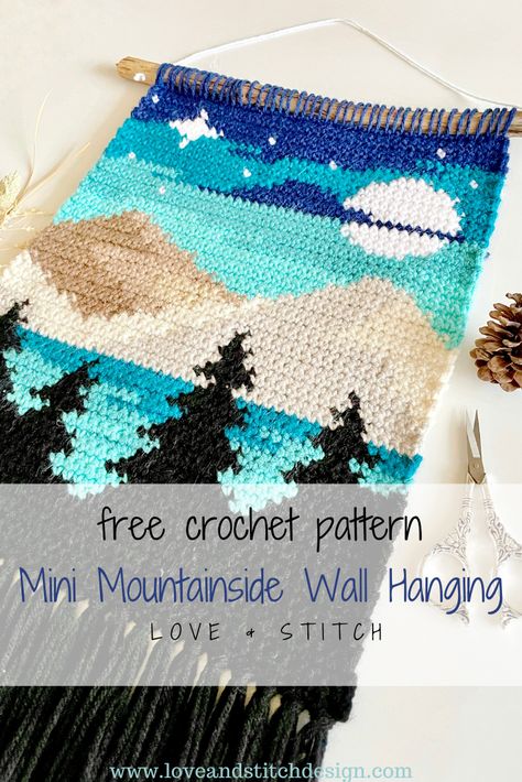 The Mini Mountainside Crochet Pattern is the perfect project for mountain lovers looking for a a beautiful weekend project! This pattern is for intermediate crocheters who are comfortable with color changing. Megan Anderson, Intarsia Crochet, Wall Hanging Crochet, Art Au Crochet, Crochet Wall Art, Hanging Crochet, Crochet Wall Hanging, Confection Au Crochet, Seni Dan Kraf