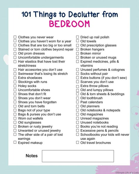 declutter checklist - 101 things to declutter from bedroom Bedroom Checklist, Bedroom Declutter, Clean Room Checklist, Room Cleaning Tips, Declutter Bedroom, Deep Cleaning Checklist, Declutter Checklist, Room Checklist, Declutter Challenge