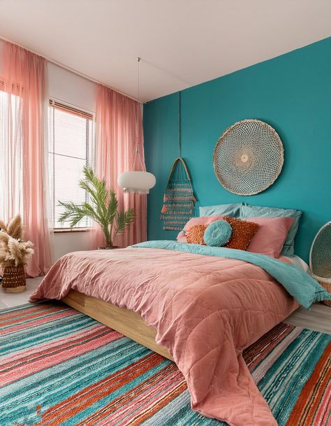 Vibrant Pink and Teal Teal And Blush Pink Bedroom, Light Pink And Teal Bedroom, Watercolor Bedroom Ideas, Peach Teal Bedroom, Turquoise Bedroom Aesthetic, Teal And Pink Girls Bedroom, Teal Girls Room Ideas, Sunset Inspired Bedroom, Turquoise Aesthetic Room