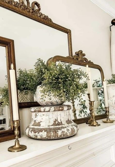 Mirrors With Wreaths, French Country Mantel Decor, French Mantel Decorating Ideas, Cottagecore Mantle Decor, Living Room Wall Decor Ideas Farmhouse, Antique Fireplace Mantels Decor, Tall Fireplace Mantle Decor, Vintage Mantel Decor, Vintage Mantle Decor Ideas