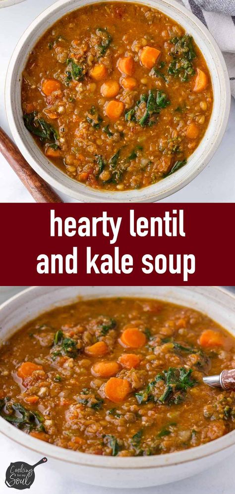 Upgrade your lentil soup game with this flavorful Lentil Kale Soup! Loaded with aromatic spices, hearty lentils, and nutritious kale and carrots, it's perfect for a nourishing meal. This lentil soup is meal prep and freezer friendly. Healthy Easy Soup Recipes, Healthy Easy Soup, Lentil And Kale Soup, Soup Easy Healthy, Lentil Kale Soup, Lentil Kale, Tomato Lentils, Kale Soup Recipes, Quick Healthy Lunch