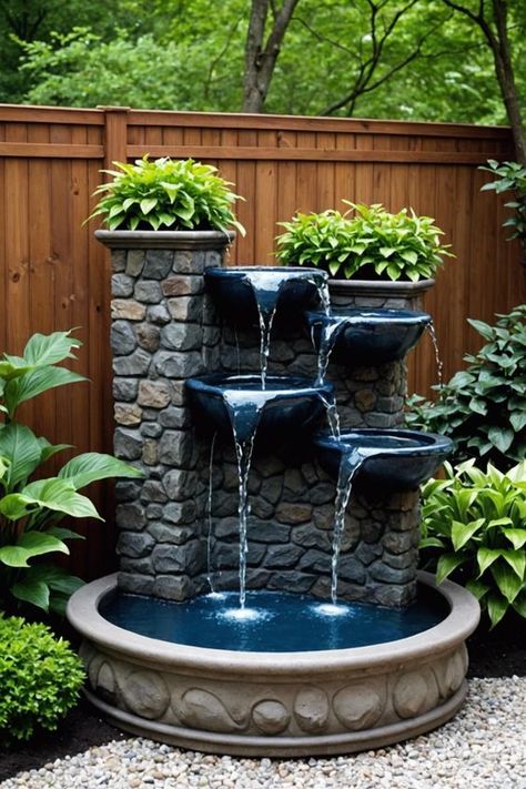 Outdoor Water Fountains for a serene ambiance! Discover 20 inspiring water fountains to elevate your yard's style and tranquility. Get ready to transform your outdoor space and relax amidst soothing sounds. Click to explore and get inspired! Fountain In Backyard, Dröm Hus Planer, Garden Fountains Outdoor, Outdoor Waterfall Fountain, Outdoor Wall Fountains, Water Fountain Design, Kolam Koi, Taman Air, Indoor Water Garden