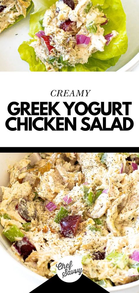 Save this recipe for the Best Easy Simple High Protein Greek Yogurt Chicken Salad. Greek Yogurt Chicken Salad combines tender chicken, crunchy vegetables, and a creamy, flavor-packed dressing to create a nutritious twist on classic chicken salad! It’s the perfect option for lunch or a satisfying snack! Follow Chef Savvy for more Healthy Snacks! Low Cholesterol Chicken Salad, Chicken Salad Greek Yogurt, Chicken Salad Recipe Healthy, Chicken Salad With Greek Yogurt, Protein Greek Yogurt, Chicken Salad Healthy, Bean Salad Healthy, Healthy Snack Ideas For Kids, Classic Chicken Salad