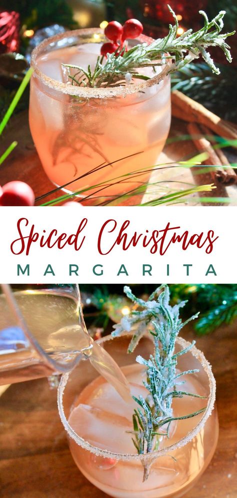 Easy refreshing Christmas margarita a cocktail with cranberry juice silver tequila and spiced ginger syrup perfect Cocktail for the holidays or holiday party Winter Tequila Cocktails, Margarita Christmas, Holiday Margaritas, Cocktails Margarita, Christmas Margarita, Cranberry Margarita, Drink Garnishing, Cinnamon Syrup, Easy Cocktail