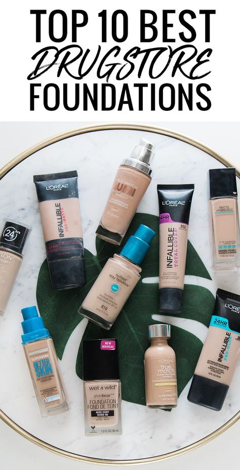 What is a good drugstore foundation? I've got you covered! Here are my top 10 best! Good Drugstore Foundation, Cheap Foundation, Drugstore Eyeshadow Palette, Drugstore Eyeshadow, Makeup Beginner, Best Drugstore Foundation, Foundation Tips, Drugstore Foundation, Hacks Beauty