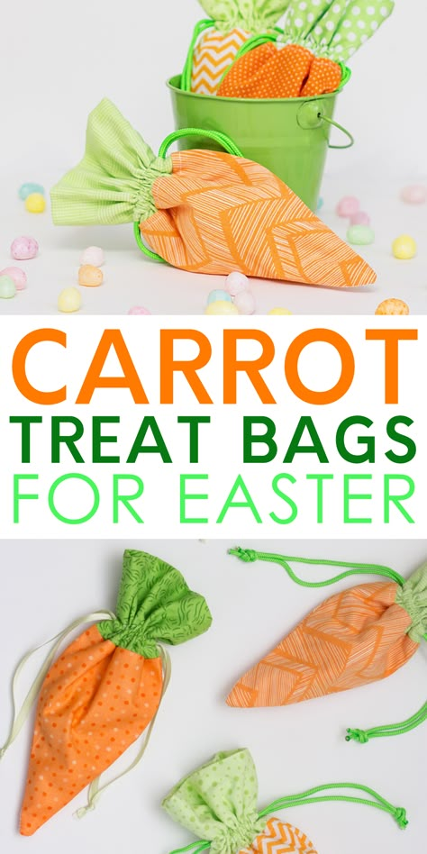 Spring is right around the corner so now is a great time to hop into some spring sewing. And not just any spring sewing…Easter sewing! Make these adorable Carrot Treat Bags this year for Easter - a perfect addition to your little one’s Easter basket! #carrottreatbags #eastersewingproject Carrot Bags For Easter, Carrot Treat Bag Pattern, Gift Bag Fabric, Easter Placemats Patterns, Bunny Bag Sewing Pattern, Carrot Treat Bags, Easter Basket Patterns Sewing, Bunny Treat Bags Diy, Easter Bunny Treat Bags Diy