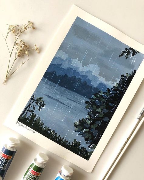 Дождь Simple Paintings Landscape, South Korea Paintings, Gouche Painting Ideas Easy Landscape, Rainy Painting Easy, Simple Gouache Painting Tutorial, Paint Inspo Aesthetic, Canvas Painting Ideas Mini, Painting Ideas Rain, Small Gouache Painting