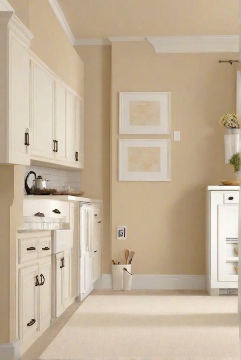 interior wall paint, kitchen wall decor, white rug decor, paint color matching Beige Kitchen Walls White Cabinets, Canvas Tan Kitchen Cabinets, Sw Canvas Tan, Tan Kitchen Walls, Tan Kitchen Cabinets, Tan Color Palette, Tan Kitchen, Light Oak Floors, White Rugs