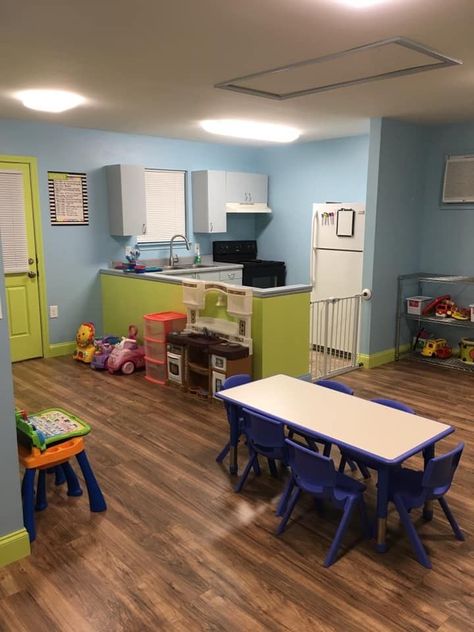 Daycare Basement Layout, Home Daycare Center Layout, Home Based Childcare, Simple Home Daycare Setup, Daycare Rooms Setup In Home, Family Home Daycare Setup, Home Daycare Setup Garage, Family Daycare Setup Home, Inhome Daycare Ideas