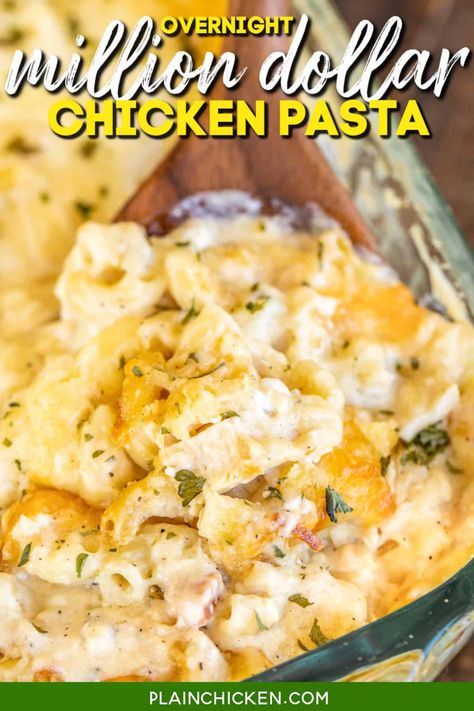 Overnight Million Dollar Chicken Pasta - a new family favorite! Just dump everything in the dish and refrigerate overnight. No boiling the noodles. They will soften overnight and be cooked to perfection in the finished dish. Chicken, cream of chicken, cream of mushroom, milk, chicken broth, onion, garlic, elbow macaroni, cottage cheese, cream cheese, mozzarella, and parmesan. Million Dollar Chicken Pasta, Creamy Chicken Pasta Bake, Million Dollar Chicken, Chicken Pasta Casserole, Chicken Casserole Easy, Main Dish Casseroles, Creamy Chicken Pasta, Chicken Pasta Bake, Plain Chicken