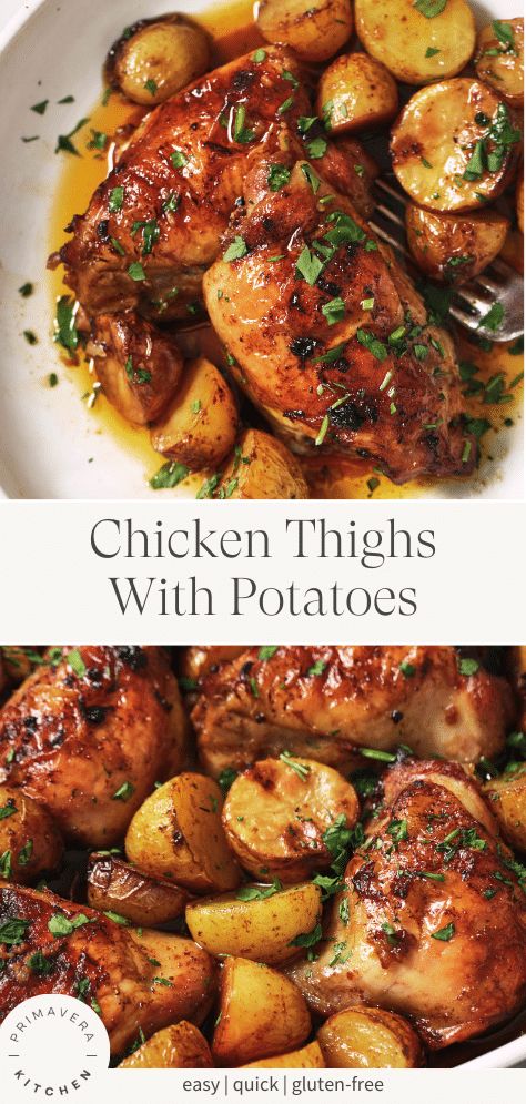 This delicious Chicken Thighs with Potatoes recipe is hearty, comforting, and loaded with flavor. A super easy one-pan meal, it only takes 10 minutes to prep, and the rest is hands-off. It’s perfect for busy weeknights and is sure to become a new family favorite! Beginner Mediterranean Diet, Breakfast Mediterranean, Chicken Thighs With Potatoes, Dinner Mediterranean, Chicken Thights Recipes, Christmas Food Ideas, Recipes Mediterranean, Fall Dinners, Easter Desserts