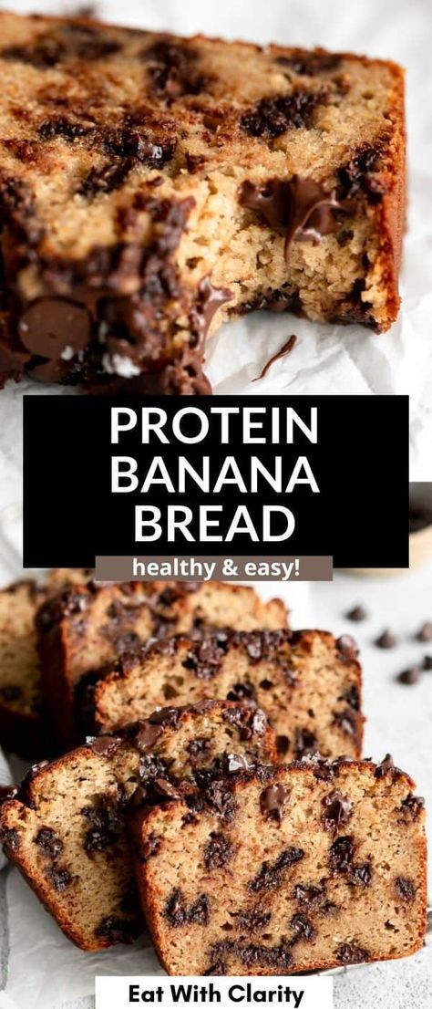 This high protein banana bread is gluten free, easy to make and perfect for a healthy snack. it's moist, tender and made with almond flour, greek yogurt and protein powder. This banana bread is gluten free and filled with chocolate chips. Healthy Protein Banana Bread, Banana Bread Healthy Easy, Protein Banana Bread, Bread Gluten Free, Protein Baking, Gluten Free Protein, High Protein Desserts, Healthy Protein Snacks, Healthy High Protein Meals