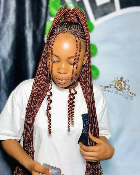 High Cornrow Ponytail with Auburn Feed In Ponytail Carrot Hairstyle, Hairstyles Straight Up Braids, Straight Back Hairstyles Braids, Straight Ups Hairstyles Braids, Half Carrot Half Box Braids, Feed In Cornrow Ponytail, Straight Up With Beads, Cornrows In Ponytail, Half Carrot Half Singles Hairstyles