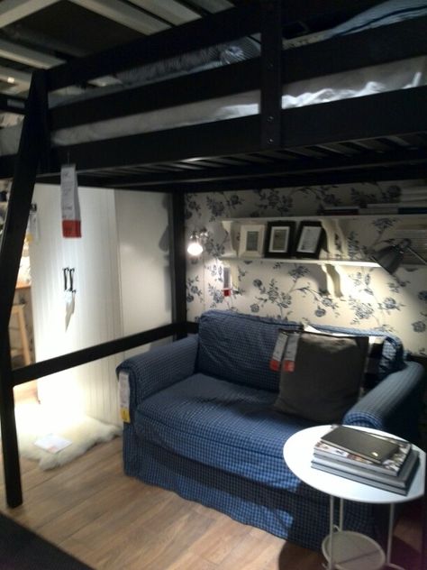 Couch under bunk Bunk Bed With Couch Underneath Aesthetic, Bunk Bed Sofa Under, Loft With Couch Underneath, Bunk Bed Couch Under, Den Under Bed, Couch Under Loft Bed, Bunk Bed Couch, Loft Bed With Couch, Small Room Inspo