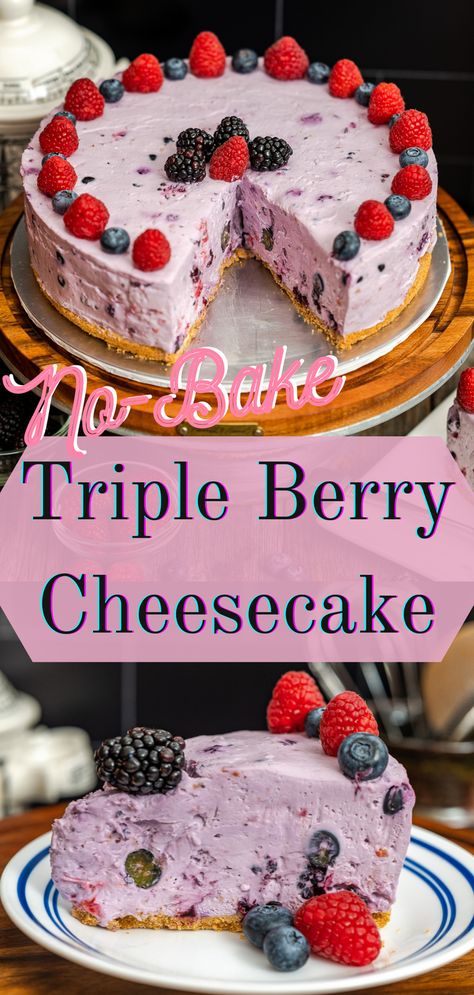 No-bake, simple triple berry cheesecake with lots of fresh and frozen berries! Perfect to make ahead and wonderful light taste and texture through the whipped cream cheesecake batter. Full recipe on my website Berries Cheesecake Recipes, Frozen Triple Berry Recipes, No Bake Frozen Cheesecake, Triple Berry Dessert Recipes, Wild Berry Cheesecake, Blueberry Raspberry Cheesecake, Mixed Berry No Bake Cheesecake, Frozen Berries Dessert Easy Recipes, Unique No Bake Cheesecake Recipes