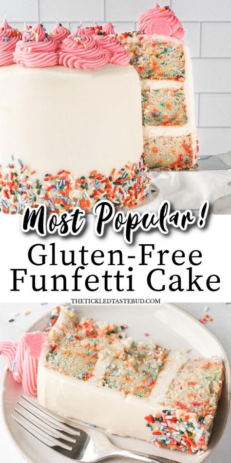 GLUTEN-FREE FUNFETTI CAKE Gluten Free Funfetti Cake, Dairy Free Birthday Cake, Gluten Free Dairy Free Cake, Delicious Buttercream Frosting, Dairy Free Cake Recipe, Gluten Free Birthday Cake, Gluten Free Cake Mixes, Cake With Buttercream Frosting, Gluten Free Cake Recipe