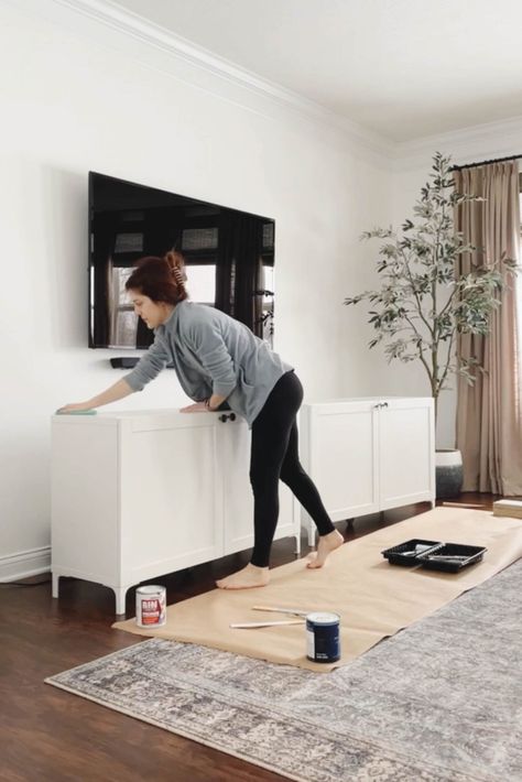 Painting IKEA Furniture for a High End Look - Caitlin Marie Design Sideboard Buffet Ikea, Side Board Tv Stand, Redo Ikea Furniture, Ikea Kallax Media Console, Painting Besta Ikea, Ikea Cabinets Under Tv, Large Tv Stand Ideas, Long Wall Cabinets Living Room, Ikea Diy Tv Console