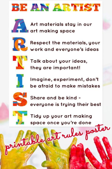 Free Printable Art Room Rules Poster from Childhood 101 Art Room Rules, Art Classroom Posters, Room Rules, Art Room Organization, Art Classroom Ideas, Art Room Posters, Art Classroom Management, Art Teacher Resources, Art Room Ideas