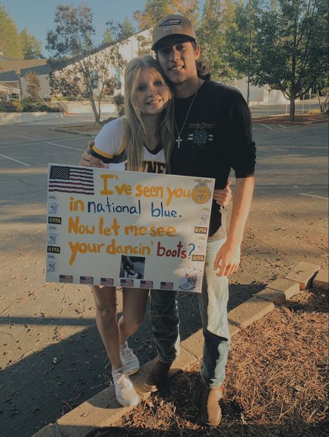 Senior Hoco! • Hoco Proposal Poster | @ryleerae25 @iliancobian | #hocoproposalsideas #hoco #hoco2022 #ffa #homecomingproposalideas #homecoming #dancinboots #dancingboots #dance #highschool #highschooldance #boyfriend #promposal #hocoproposal #couple #country #countryboy #countryhocoposter #girlfriend #cutecoupleideas #countrycouple Cute Homecoming Proposals Country, Country Themed Promposals, Western Promposal Ideas, Home Coming Signs Ideas, Hey Dude Hoco Proposal, Ffa Hoco Proposals Ideas, Ffa Promposal Ideas, Farming Promposal Ideas, Morgan Wallet Hoco Proposal