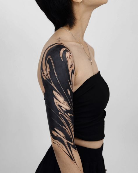 Large Black Tattoo Cover Up, Back Blackout Tattoo, Forearm Blackout Tattoo, Large Cover Up Tattoos For Women Arm, Tattoo Ideas For Cover Ups, Shoulder Tattoo Cover Up For Women, Black Out Sleeve Tattoo, Blackout Cover Up Tattoo, Big Tattoo Cover Up Ideas