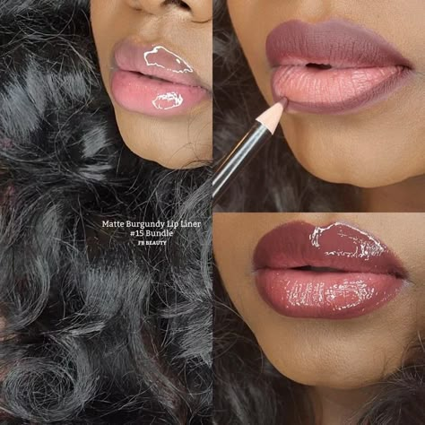 Burgundy Lip Liner, Lip Liner And Gloss Combo, Soft Make-up, Glossy Lips Makeup, Burgundy Lips, Lip Combos, Makeup For Black Skin, Lip Makeup Tutorial, Brown Skin Makeup