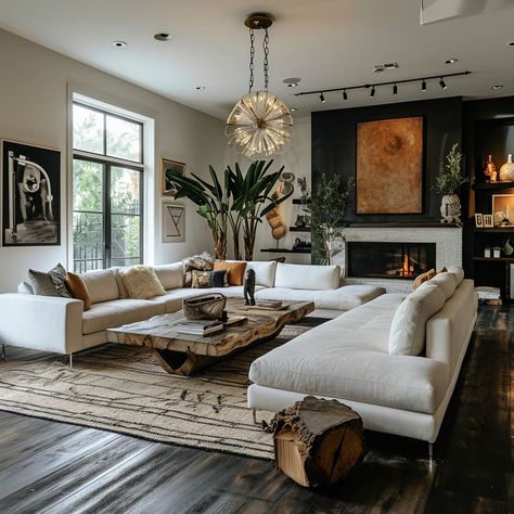 White Chic Living Room, Living Room Designs Large Sectional, Hawaiian Interior Design House, Living Room With 3 Sofas, Sectional With Fireplace Layout, Leather Couch Cozy Living Room, Big House Decorating Ideas, Small Sunroom Ideas Modern, Extra Large Living Room Ideas