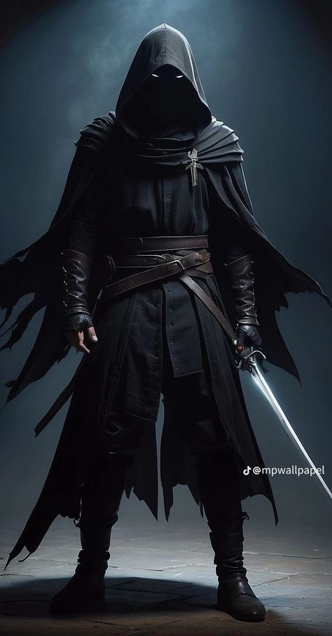 Dark Wizard Outfit Male, Dark Hooded Character, Fantasy Assassin Outfit Male, Black Assassin Outfits Male, Cloaked Man Art, Demonic Outfits, Mage Outfit Design, Male Fantasy Clothing Casual, Rogue Pose Reference