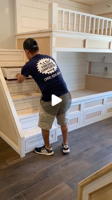 @ls_finishcarpentry_llc on Instagram: "Custom bunk beds twin over twin with drawers and ship lap done. If you can think it we will built in!!!" Recessed Bunk Beds, Twin Size Bunk Beds, Kids Built In Bunk Beds, Bunk Beds Small Room Space Saving, Built In Bunk Beds 8 Foot Ceiling, Built In Bunk Beds With Stairs, Full Size Bunk Beds Diy Built Ins, Built In Beds For Adults, Built In Bunk Beds Queen Bottom Twin Top