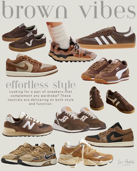 Favorite brown sneakers for fall. Brown New Balance Shoes Outfit, Light Brown Sneakers, Brown Tennis Shoes Women, Brown New Balance Outfit, Classic Brown Sneakers For Fall, Sneakers Brown, Tan Sneaker Outfits Women, Fall Shoes Aesthetic, Retro Brown Sneakers For Fall