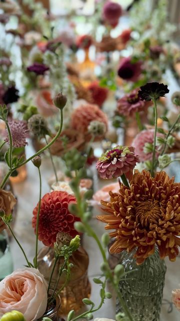 Early Fall Floral Arrangements, Simple Fall Wedding Florals, Fall Wildflowers Wedding, Fall Bud Vases Wedding Centerpiece, Fall Bud Vase Arrangements, Autumn Bud Vases, Jewel Tone Flowers Wedding, Wildflower Bud Vases Wedding, Fall Wedding Bud Vases