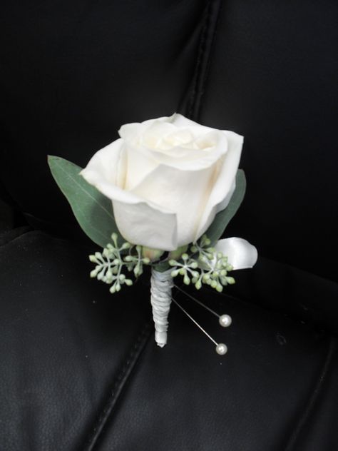 Boutineer Wedding, White Rose Boutonniere, Prom Corsage And Boutonniere, White Boutonniere, Rose Corsage, Groomsmen Boutonniere, Rose Boutonniere, Flowers And Greenery, Corsage And Boutonniere