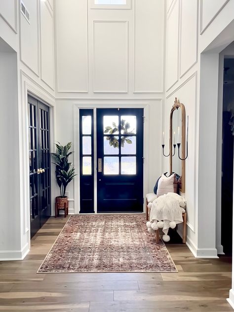 Entryway With High Ceiling, Wall Molding Design, Foyer Ideas Entryway, Molding Design, Foyer Stairs, Foyer Wall, Wall Moulding, Picture Molding, Frame Molding