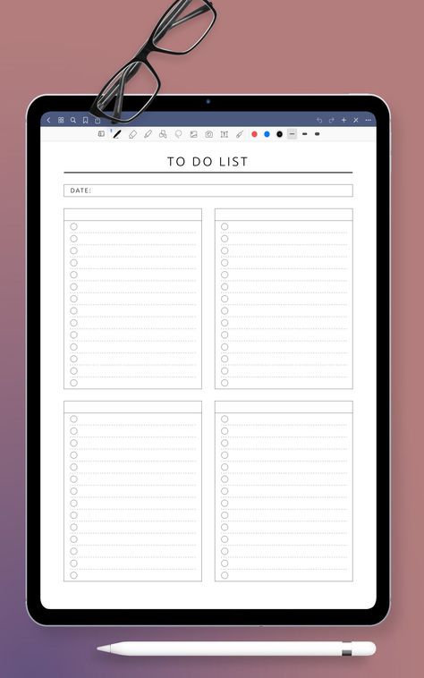 Daily planner template for boosting productivity, featuring an essential to-do list for organization and time management. Goodnotes To Do List Template, Goodnotes Checklist Template, Goodnotes List Template, Goodnotes Template Free To Do List, Goodnotes To Do List Template Free, Daily To Do List Template, To Do Lists Aesthetic, To Do List Aesthetic, Daily Objectives