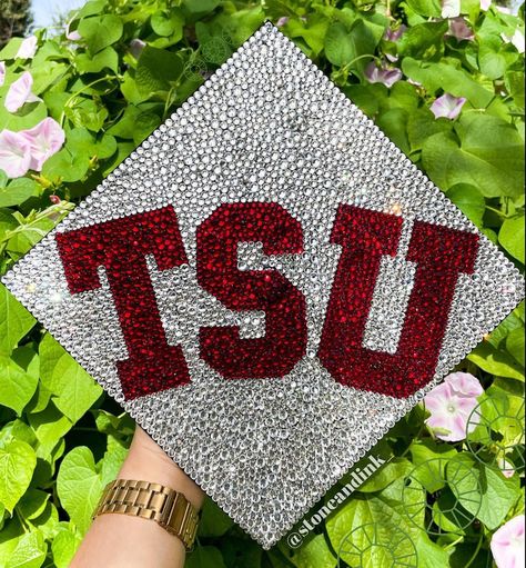 Stone & Ink by Annalise’s Instagram photo: “A classic collegiate block letter cap🤩 I absolutely love simple designs like these. They’re super relaxing to rhinestone and shine…” Bling Graduation Cap, Rhinestone Graduation Cap, Texas Southern University, Girl Graduation, Southern University, Custom Rhinestone, Grad Cap Ideas, Cap Ideas, Graduation Outfits