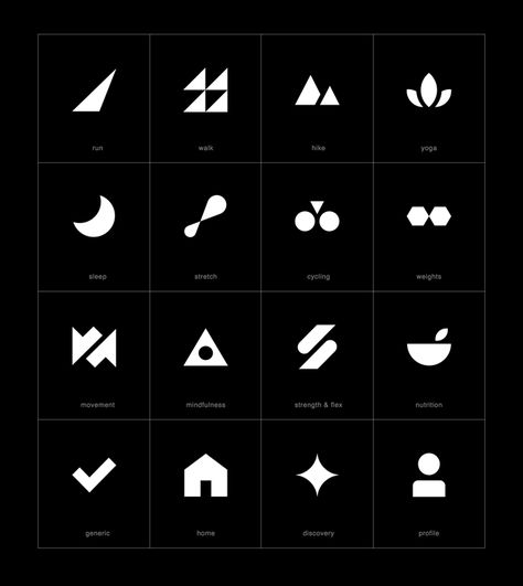 Adidas icons designed by studio TRÜF for a unique and modern fitness app. --- "The idea behind the design is to depict gestural movements and feelings in an abstract manner." --- very minimal, cool, modern and trendy looking. great use of graphic elements applied in creative manner. Tech Icon Design, Modern Iconography, Brand Iconography, Iconography Design, Fitness Icon, White Icons, Minimalist Icons, Beautiful Branding, Brand Icon