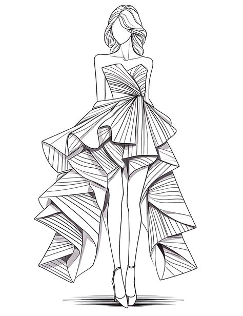 Asymmetrical high fashion dress Dress Coloring Pages Fashion Designers, Dresses Illustration Fashion, Fashion Dress Illustration, Dresses Coloring Pages, Dress Illustration Design, Colouring Templates, Dress Coloring Pages, Lines Illustration, Fashion Coloring Pages