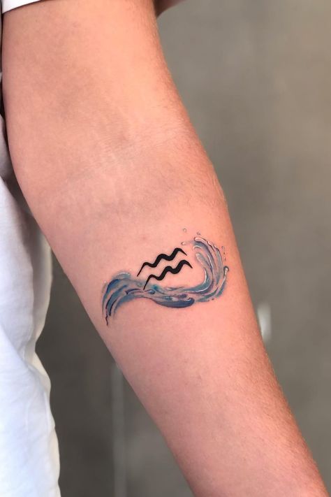 Aquarius Virgo Tattoo, Aquarius Watercolor Tattoo, Tattoo Zodiac Aquarius, Water Tatoos Symbols, Scorpio Aquarius Tattoo, Aquarius Design Tattoo, Virgo And Aquarius Tattoo, Aquarius Water Tattoo, Aquarius Tattoo Aesthetic